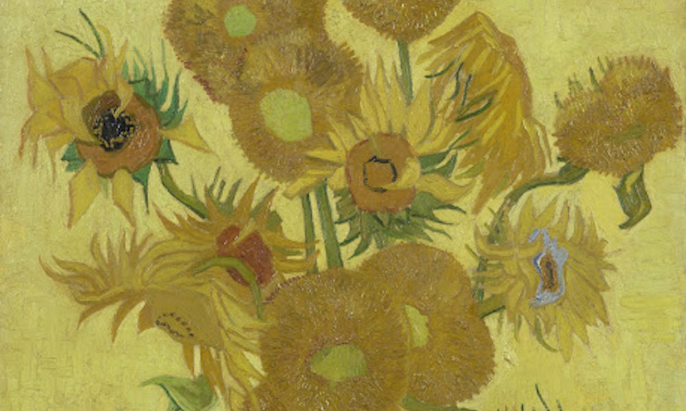 A painting of sunflowers on a yellow background. The flowers are depicted in various stages of bloom.