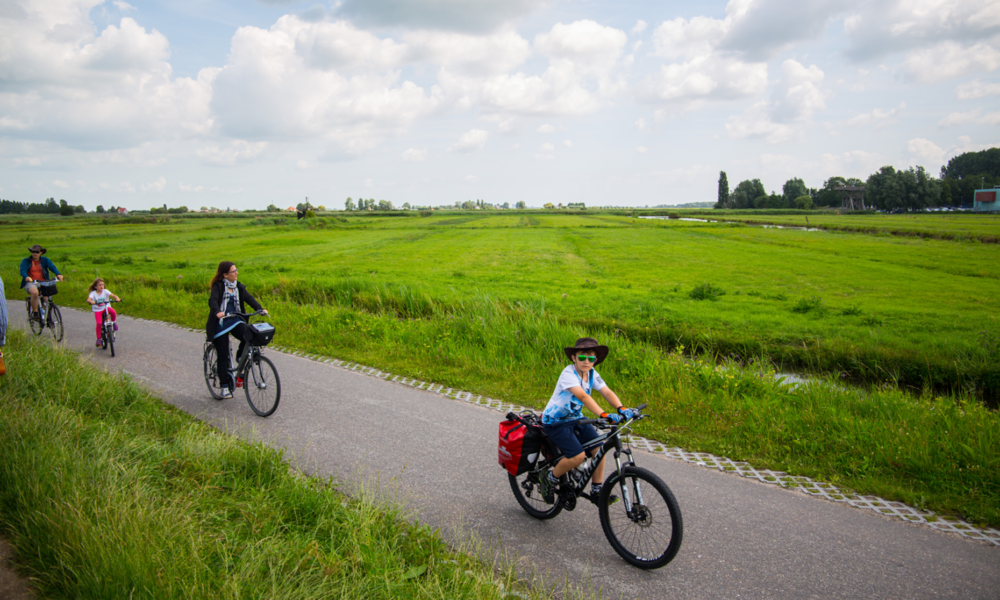 Teilnehmer der Amsterdamliebe Fahrradtour zur Zaanse Schans radeln auf einem Fahrradweg