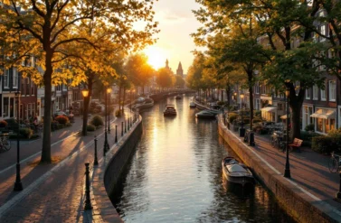 A serene canal in Amsterdam with boats and trees. The sun sets in the background.