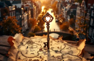 A vintage map of Amsterdam with a decorative key. The city is famous for its canals and rich history.