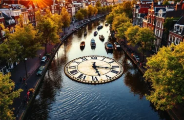 Amsterdam canal ring aerial view at golden hour with vintage clock in foreground, colorful townhouses, boats, and cyclists