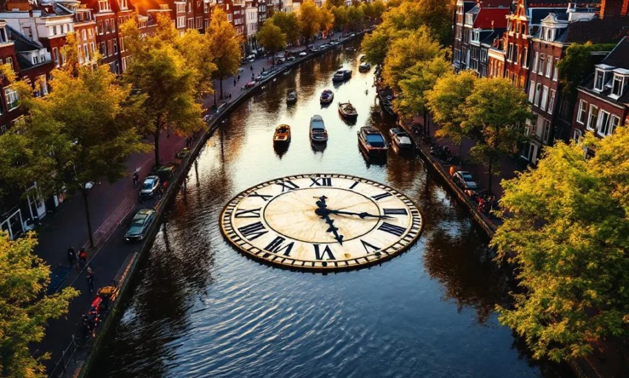 Amsterdam canal ring aerial view at golden hour with vintage clock in foreground, colorful townhouses, boats, and cyclists