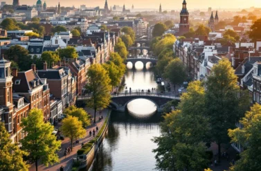 Aerial view of Amsterdam's historic canal ring with cobblestone streets, gabled townhouses, and pedestrians on bridges at sunset.