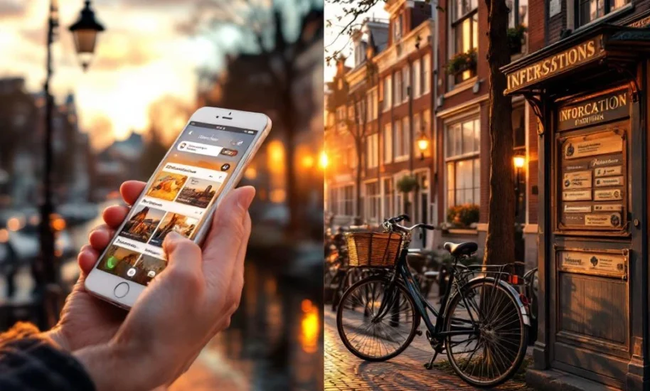 A hand holding a smartphone with a city guide on the screen. A quaint Amsterdam street with bicycles and shops in the background.