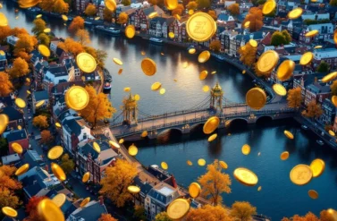 Aerial view of Amsterdam canal ring with colorful Dutch houses, historic bridges, and floating euro currency above waterways.