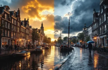 Split image of Amsterdam canal in sunny and rainy weather. A city trip contrast.