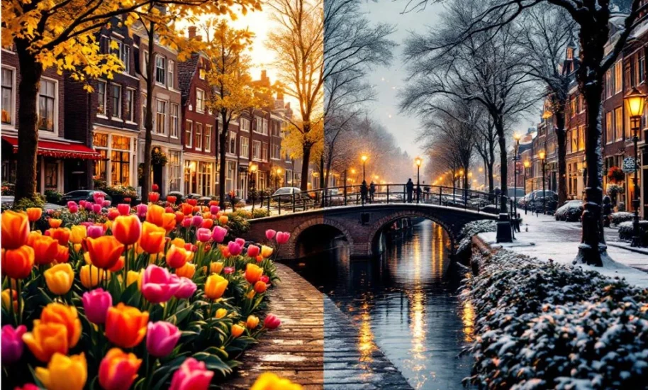 Vibrant tulips line a canal in Amsterdam. A bridge spans the waterway.