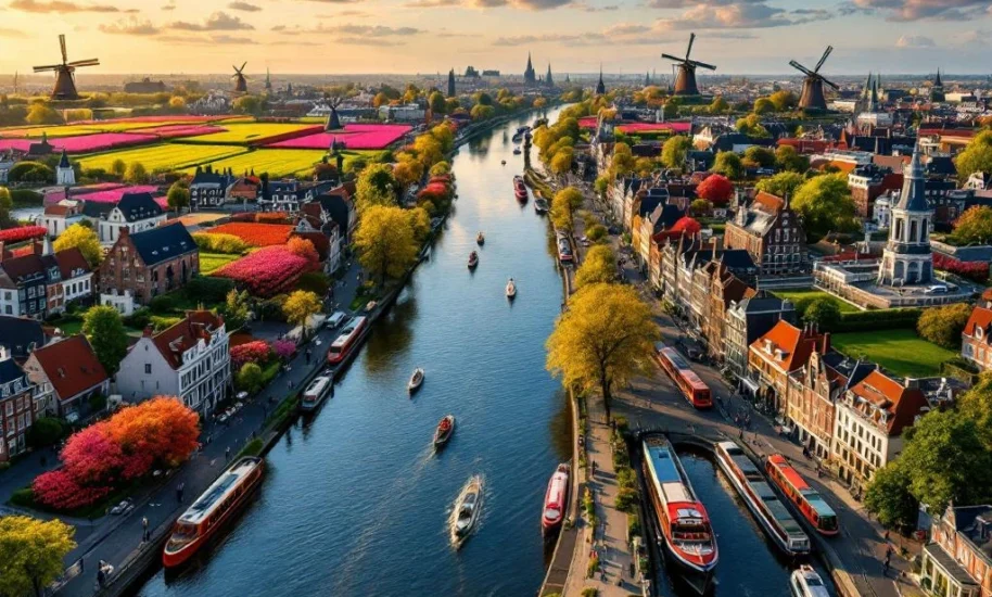 Amsterdam canal rings aerial view with historic houses, tulip fields, windmills and medieval towns connected by trains and boats