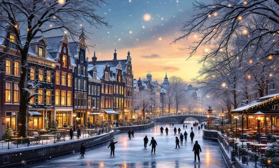 Amsterdam canal houses with snow-covered rooftops and golden window lights, ice skaters on frozen canal at twilight