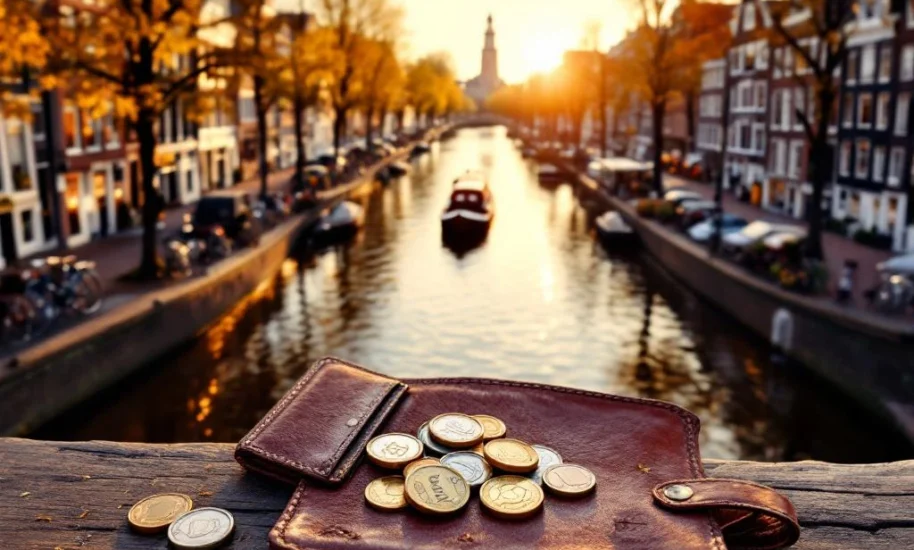 Aerial view of Amsterdam's canal ring with historic gabled houses, open wallet with euro coins, and bicycles during golden hour.