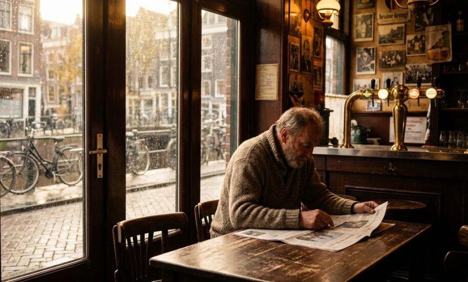 Person reading newspaper in cozy Amsterdam brown café with warm lighting, traditional beer taps, and rain-streaked windows.