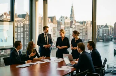 Business professionals meeting around mahogany table in Amsterdam conference room with canal houses visible through windows