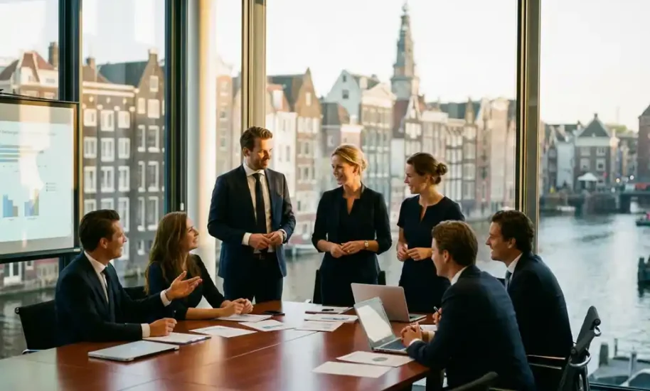 Business professionals meeting around mahogany table in Amsterdam conference room with canal houses visible through windows