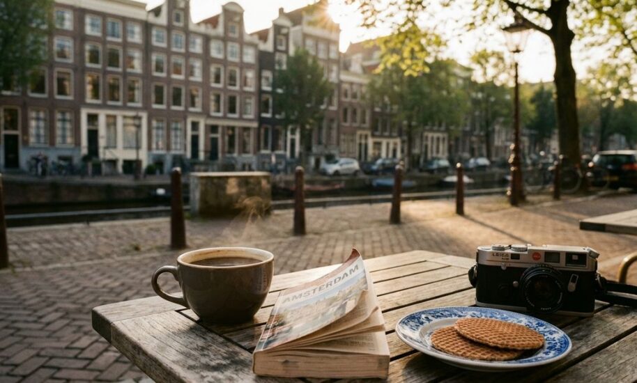 Dutch coffee and stroopwafels on weathered café table with Amsterdam canal houses and gabled rooftops in background