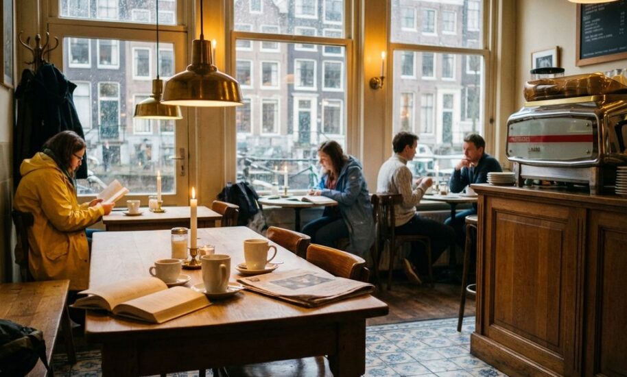 Cozy Amsterdam café interior with visitors reading at wooden tables, rain-streaked windows showing canal houses outside