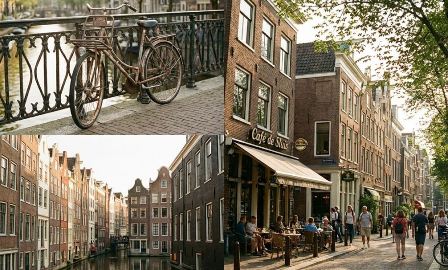 Weathered bicycle against Amsterdam canal bridge with colorful Dutch townhouses reflecting in water at golden hour.