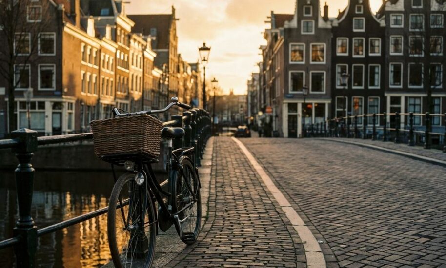 Dutch bicycle on Amsterdam canal bridge with traditional gabled houses reflected in water during golden hour