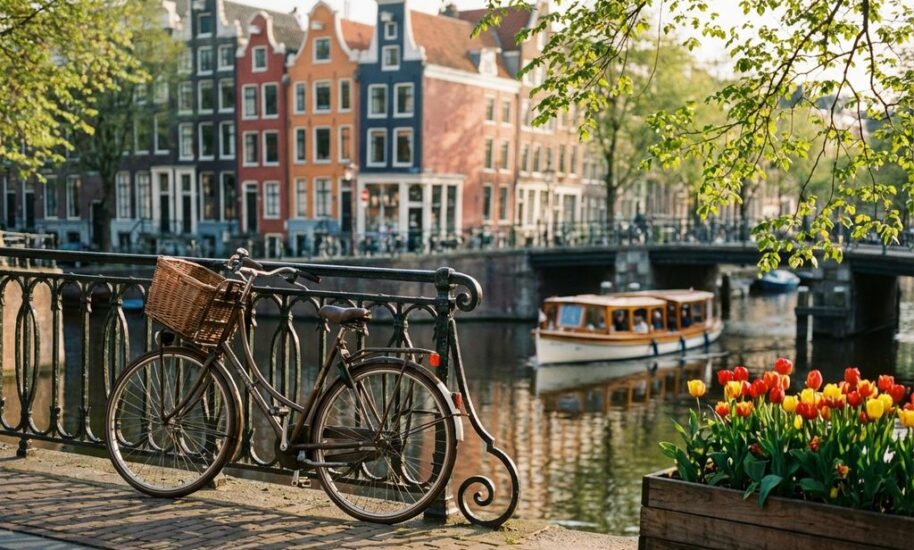 Classic bicycle against iron railings on Amsterdam canal with colorful Dutch houses, tulips, and tour boat in background