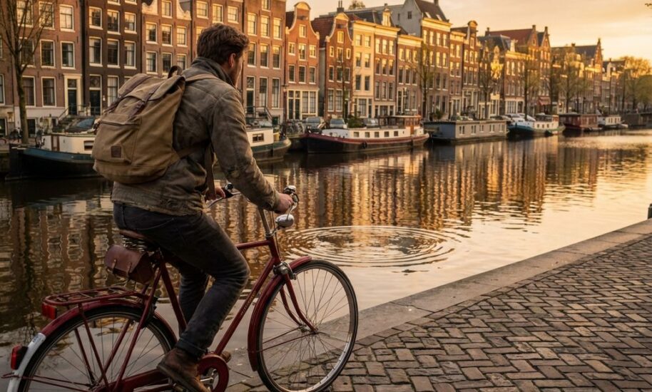 Solo cyclist with backpack riding along Amsterdam canal with colorful Dutch houses and red bicycle in foreground at sunset.