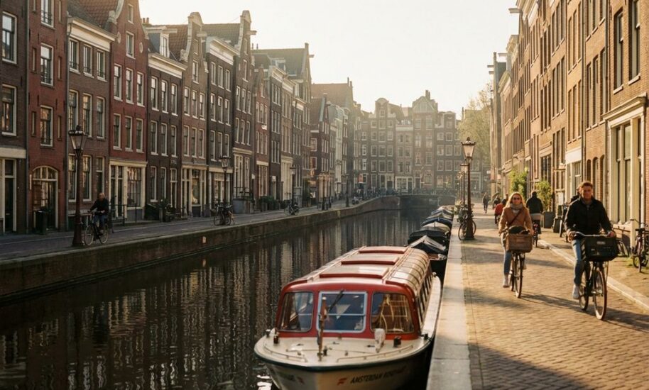 Red and white canal boat floating past traditional Dutch houses with stepped gables reflected in Amsterdam canal water.