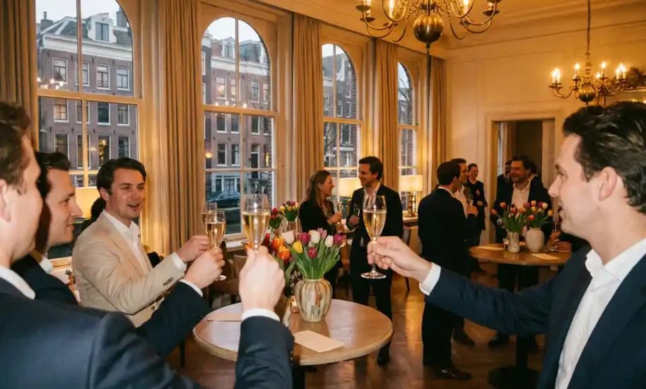 Business professionals raising champagne glasses in toast at elegant Amsterdam canal-side venue with historic views