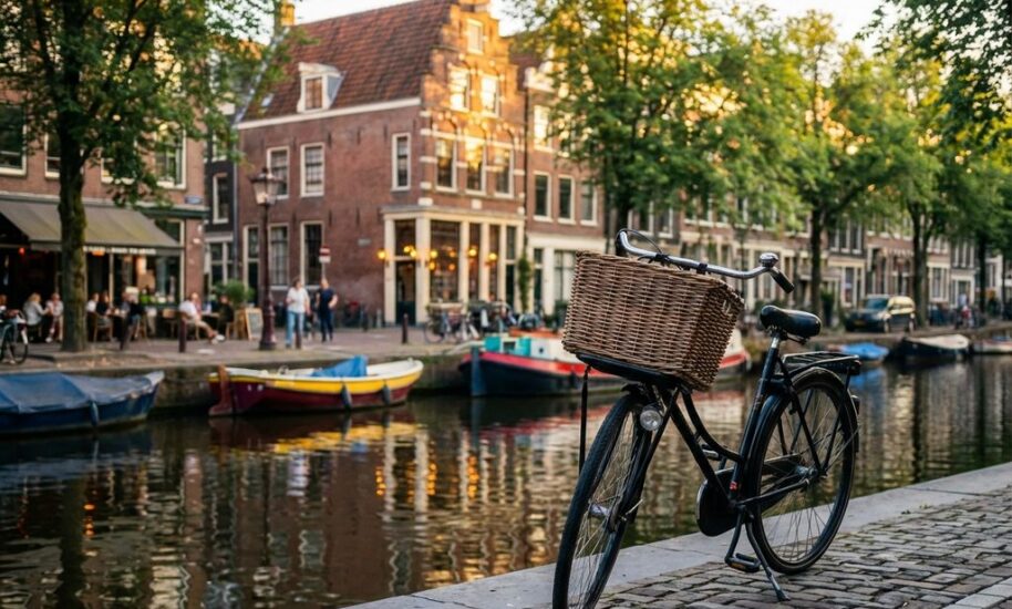 Traditional Dutch bicycle with wicker basket beside Amsterdam canal with red brick townhouse and moored boats