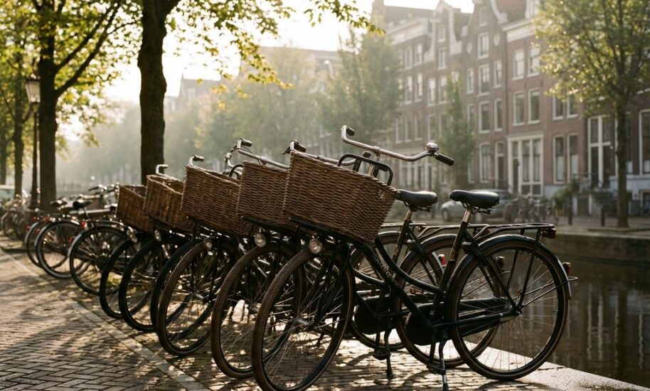 Classic Dutch bicycles with wicker baskets parked along Amsterdam canal with traditional gabled townhouses in background