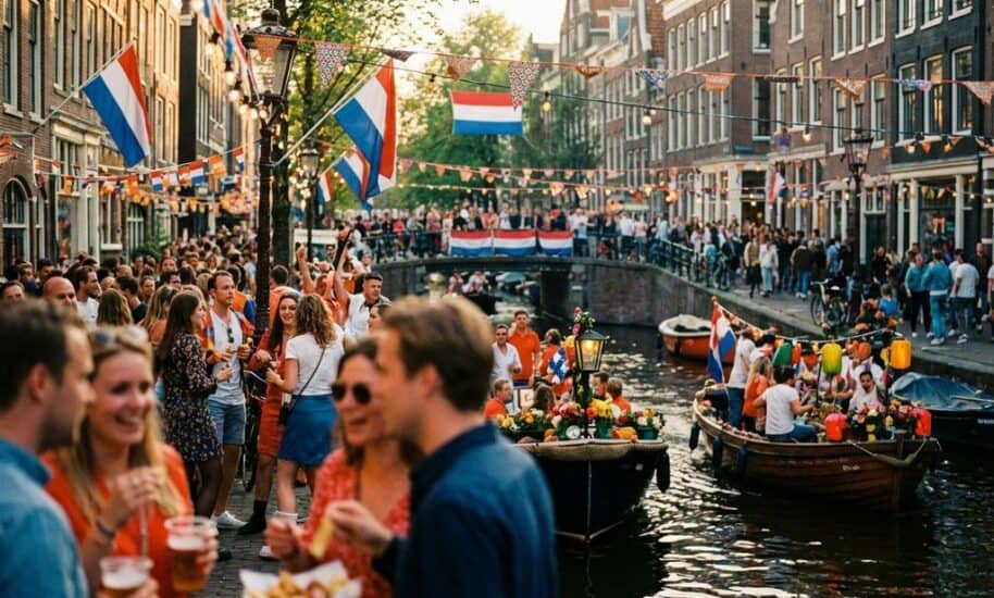 Amsterdam canal festival with crowds celebrating along historic gabled buildings, decorated boats, and colorful Dutch flags.