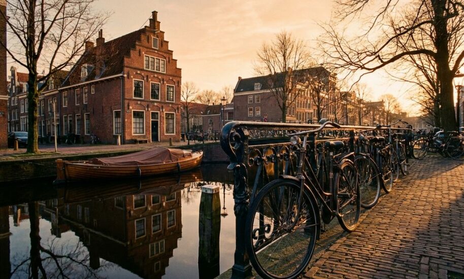 Classic red brick Amsterdam canal house reflecting in still water with traditional boat, bicycles on bridge, and golden sunlight.