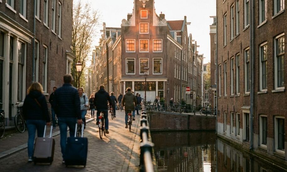 Amsterdam canal house with narrow gabled architecture and glowing windows, tourists with suitcases and cyclists on cobblestone street.