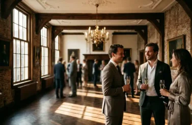 Professionals celebrating with champagne in restored 17th-century Amsterdam canal house with ornate wooden beams and herringbone floors