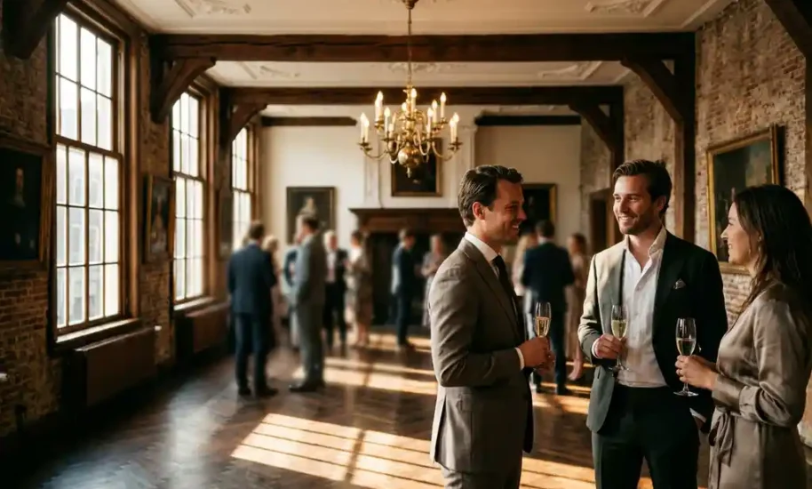 Professionals celebrating with champagne in restored 17th-century Amsterdam canal house with ornate wooden beams and herringbone floors