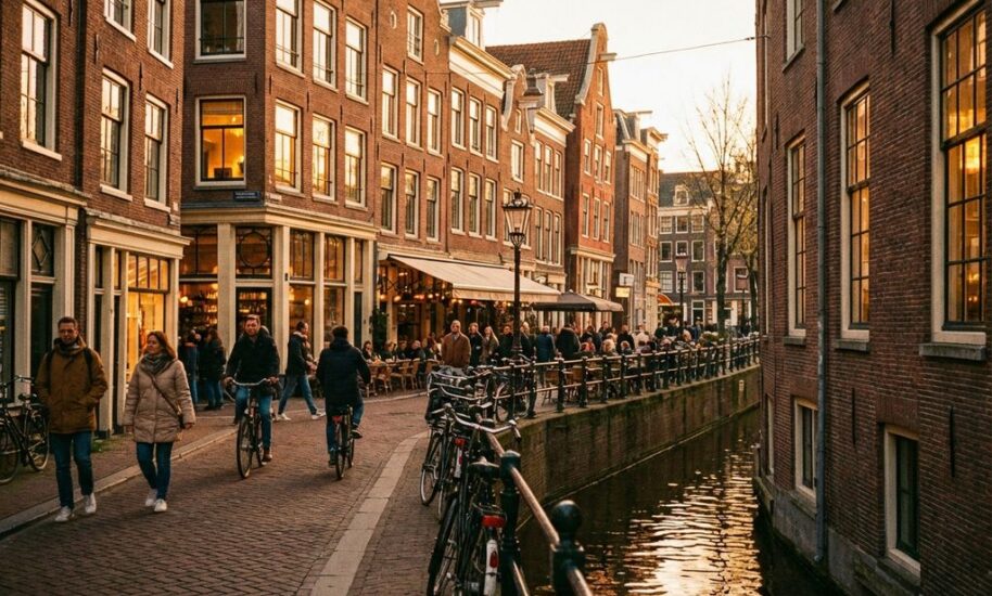 Amsterdam cobblestone street at golden hour with historic canal houses, tourists walking, and warm evening light on red brick facades.