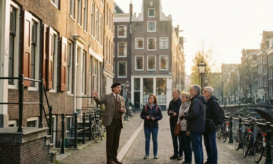 Tourists with guide on cobblestone street viewing historic Dutch canal houses and gabled facades in Amsterdam at golden hour.