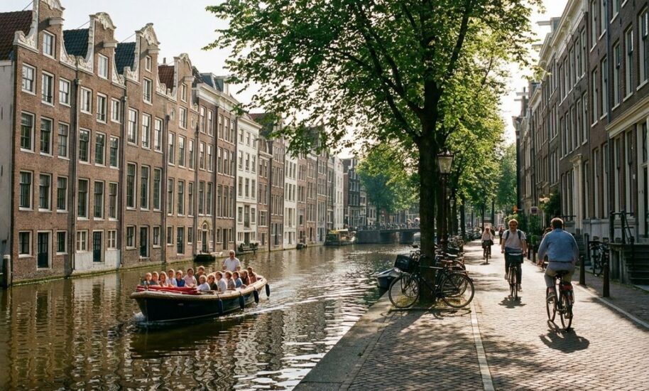 Amsterdam canal with narrow Dutch houses, tourist boat, and cyclists on tree-lined cobblestone street in golden sunlight.