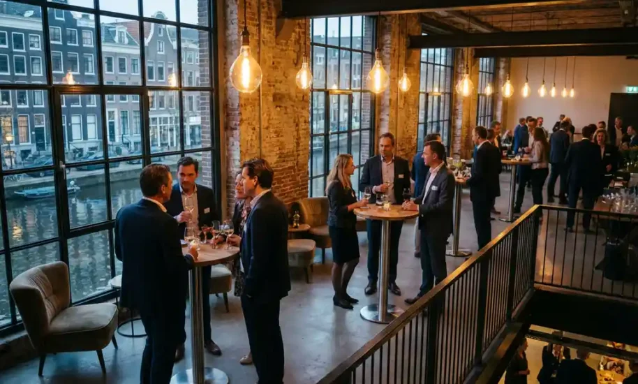 Office colleagues networking with cocktails at modern Amsterdam canal-side venue with industrial windows and warm lighting.
