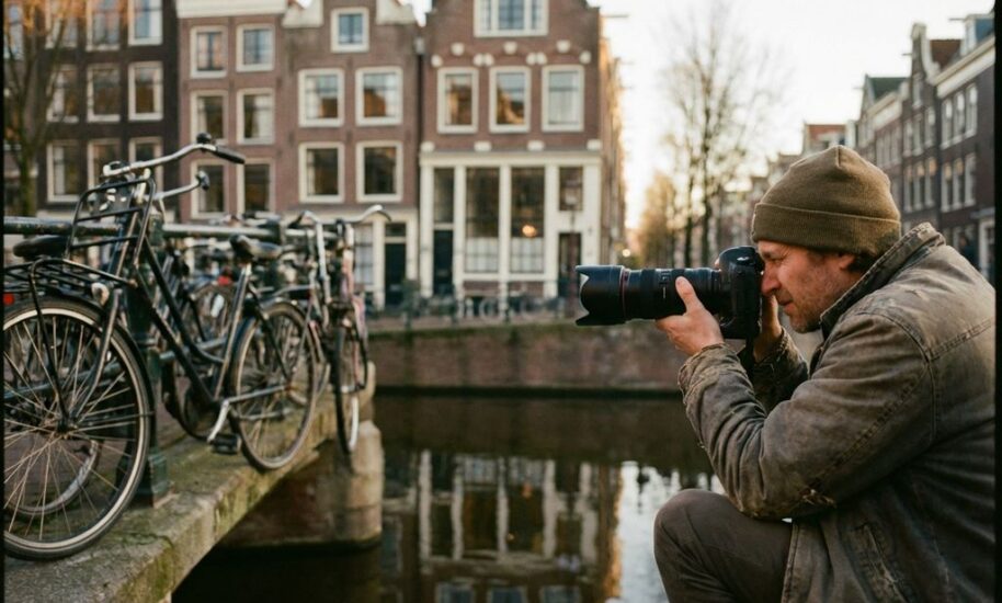 Professional photographer crouching by Amsterdam canal photographing traditional Dutch houses with bicycles during golden hour