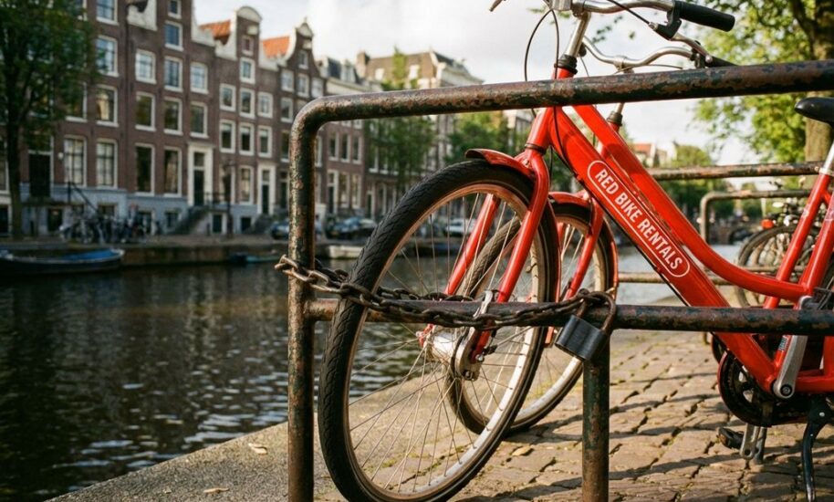 Red rental bicycle locked to bike rack beside Amsterdam canal with traditional Dutch houses reflected in water