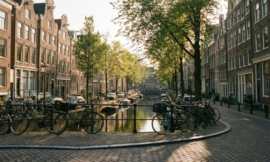 Pedestrian view of Amsterdam canal street with historic Dutch houses, cobblestones, parked bicycles, and sunlight filtering through trees.