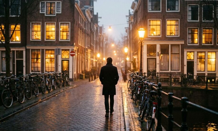 Person walking confidently down illuminated Amsterdam canal street at night with historic buildings and glowing windows.