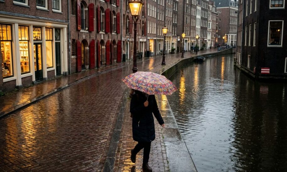 Person with colorful umbrella walking on wet cobblestone street in Amsterdam canal district during light rain at dusk