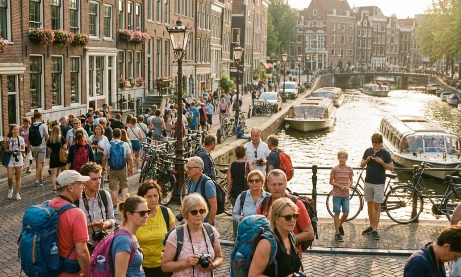 Tourists with backpacks walk along Amsterdam canal street beside historic houses and tour boats on sunny summer afternoon