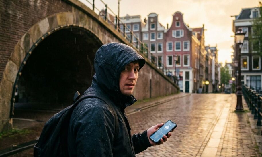 Traveler checking weather app on smartphone under Amsterdam canal bridge during rain with colorful Dutch houses reflected in wet cobblestones
