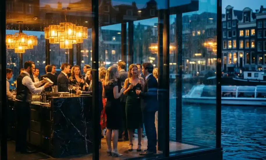 Elegant evening party at upscale Amsterdam canal-side venue with guests mingling, bartender serving drinks, city lights reflected in windows.