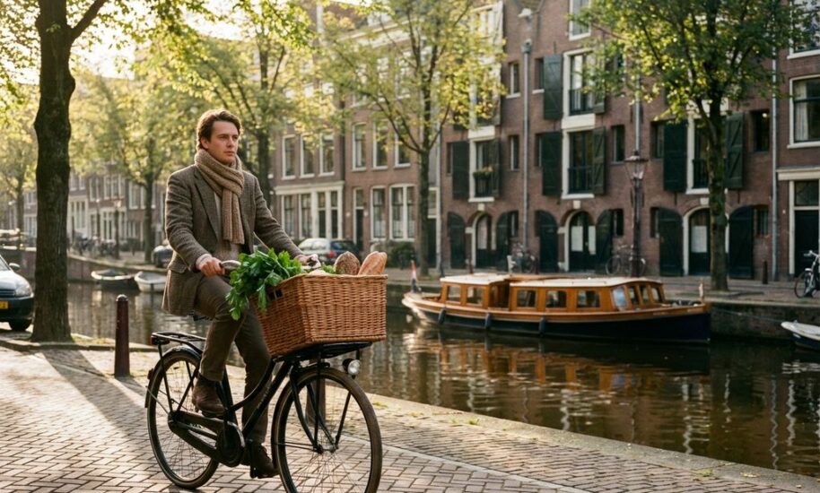Person cycling vintage Dutch bike with vegetable basket through Amsterdam canal district with historic houses