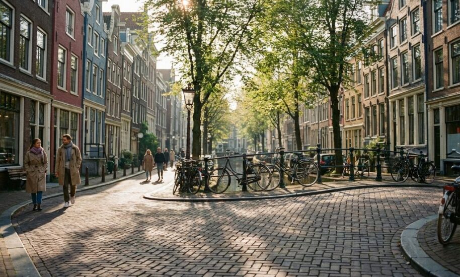 Cobblestone street in Amsterdam lined with colorful Dutch canal houses, bicycles, and pedestrians in morning sunlight.