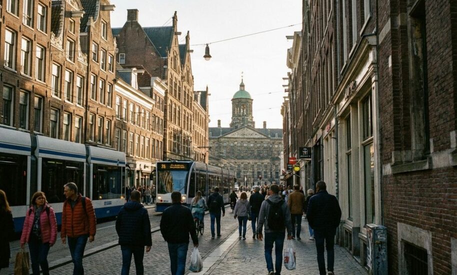 Cobblestone street from Amsterdam Central Station to Dam Square with historic Dutch buildings and Royal Palace spires visible.