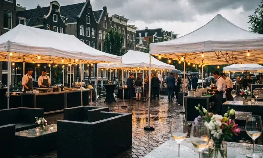 Elegant white corporate event tents on wet Amsterdam cobblestones with Dutch canal houses and dramatic overcast sky