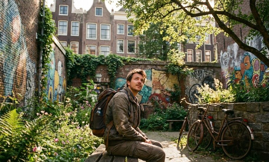 Traveler exploring hidden Amsterdam courtyard garden with street art murals, bicycles, and lush greenery between canal houses