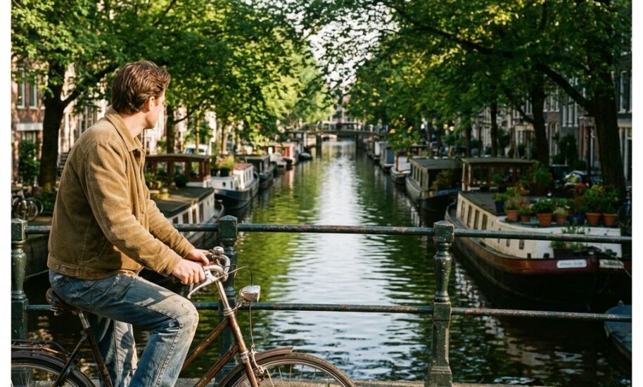 Cyclist pausing on Amsterdam canal bridge with traditional houseboats, lush trees, and golden sunlight reflecting in water